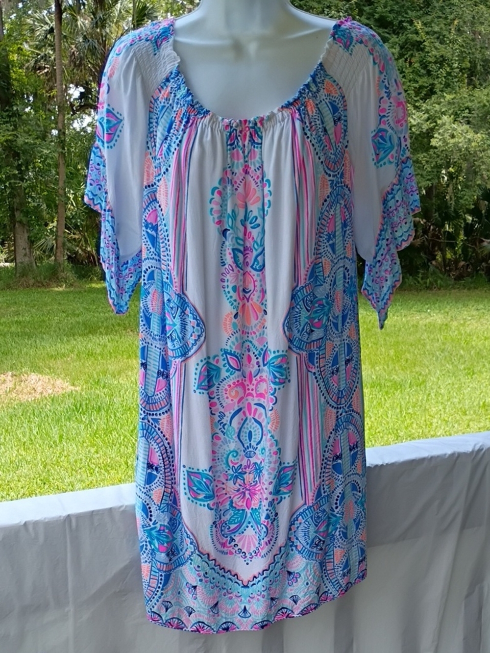 Lilly Pulitzer White Boho Floral Paisley Tunic Dress with Pink & Blue Accents